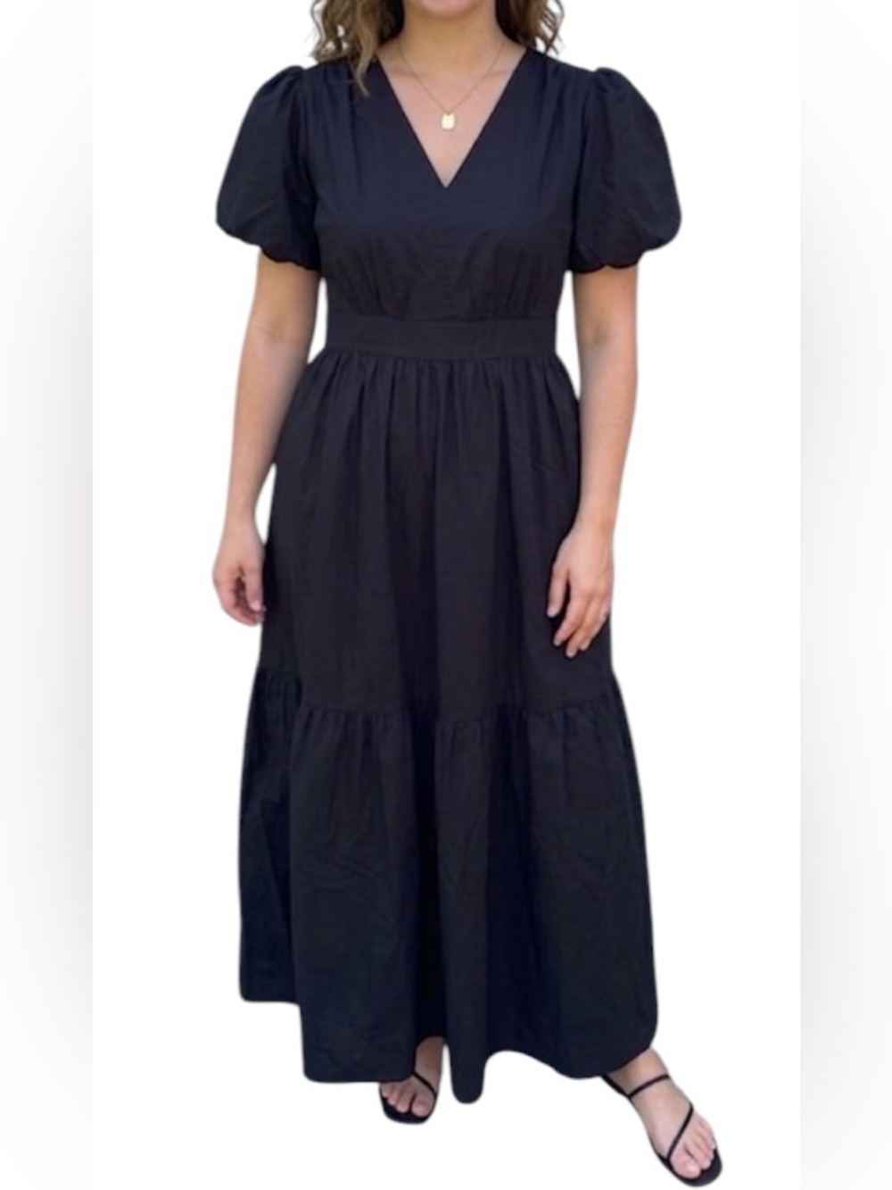 Black Tiered Ruffled Maxi Sundress with Puff Cap Sleeves